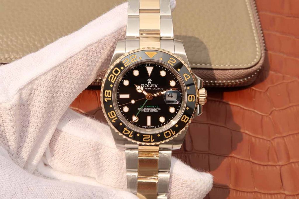 N廠勞力士格林尼治GMT綠針黑圈間金款式復刻腕表做工細節測評